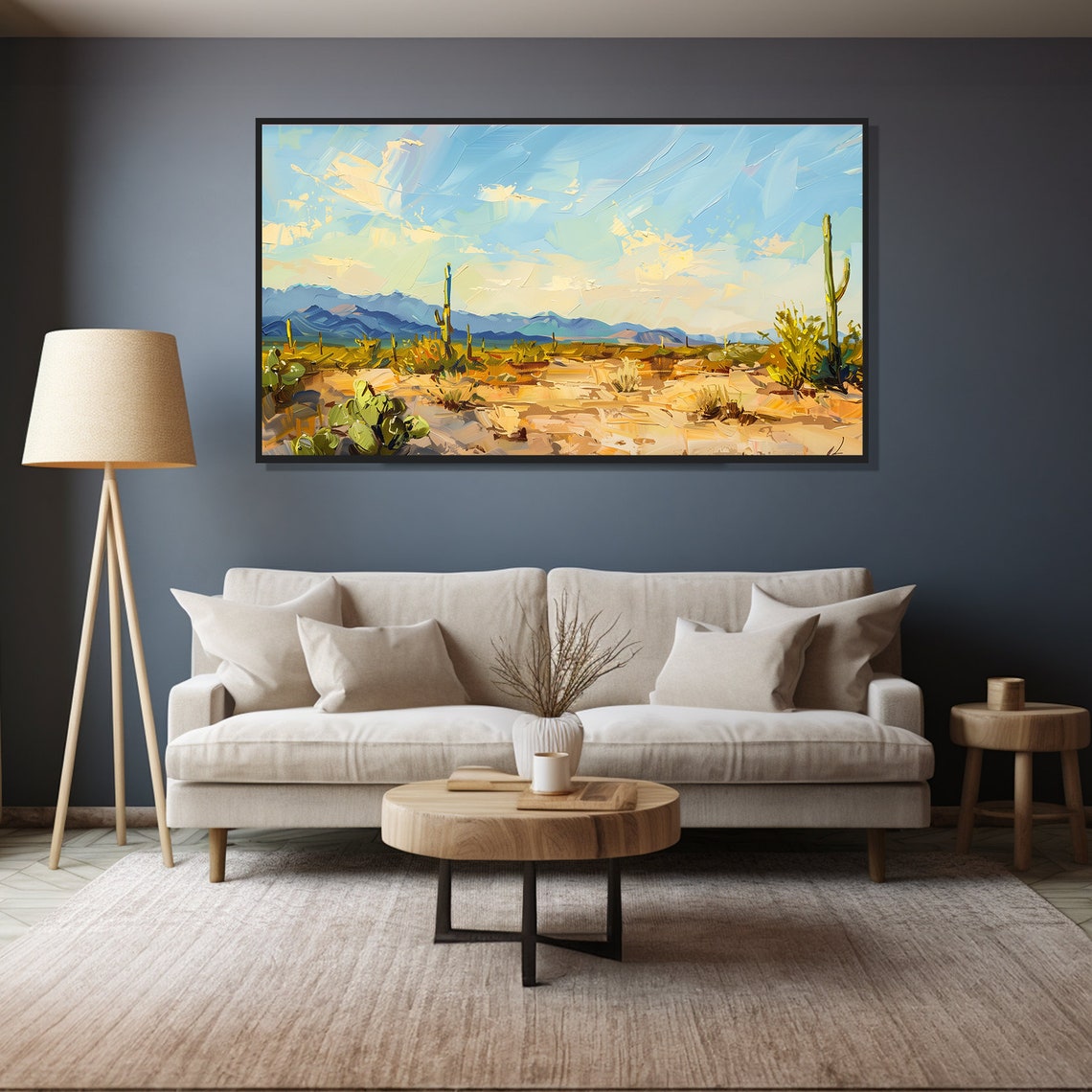 Bright Sunny Desert Saguaro Cactus Blue Sky Mountain Painting Wall Art - Image 4