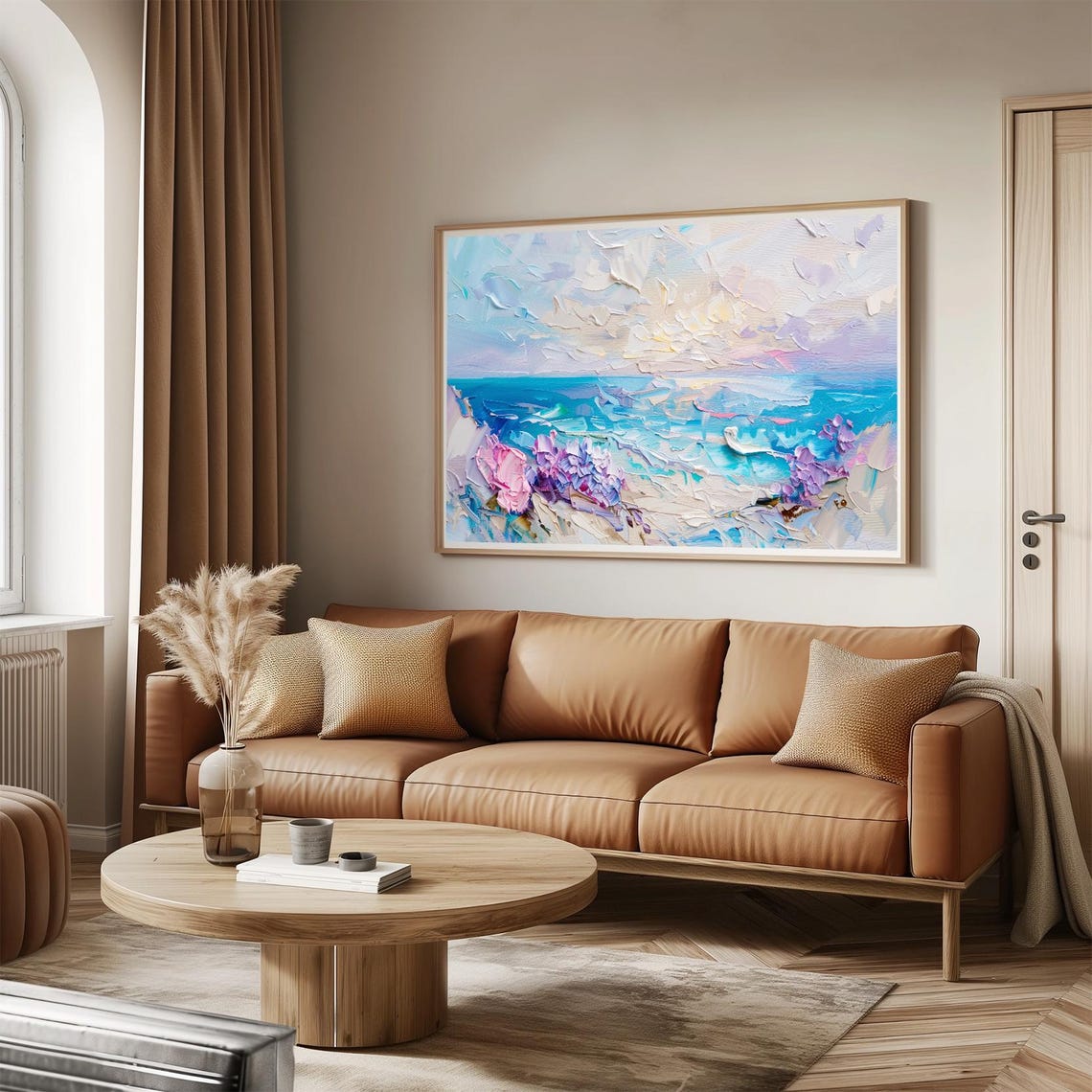 Pastel Beach Scene Ocean Waves Flowers Dreamy Coastal Art Poster - Image 3