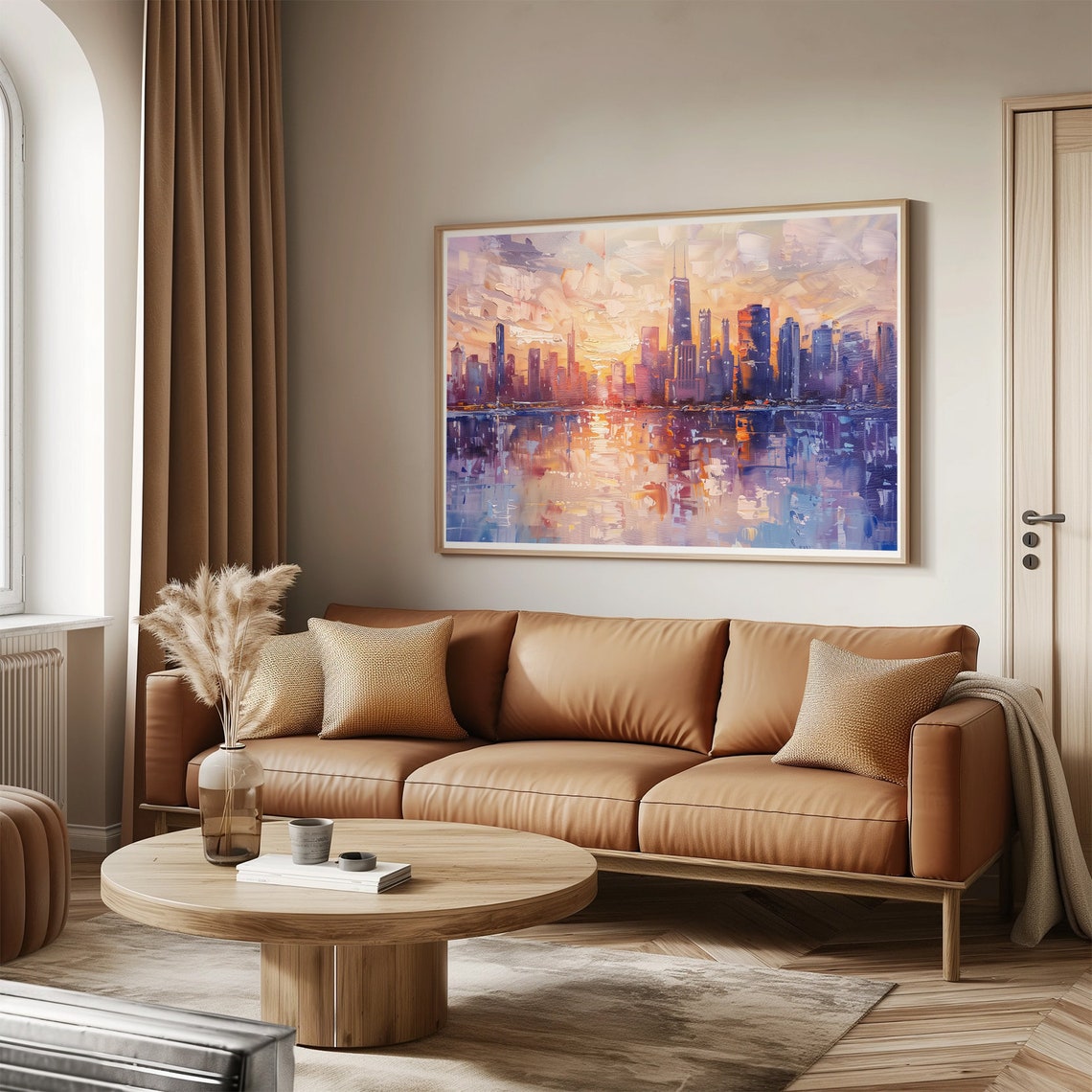 Chicago Skyline Sunset Reflection Lake Impressionist Painting Wall Art - Image 3