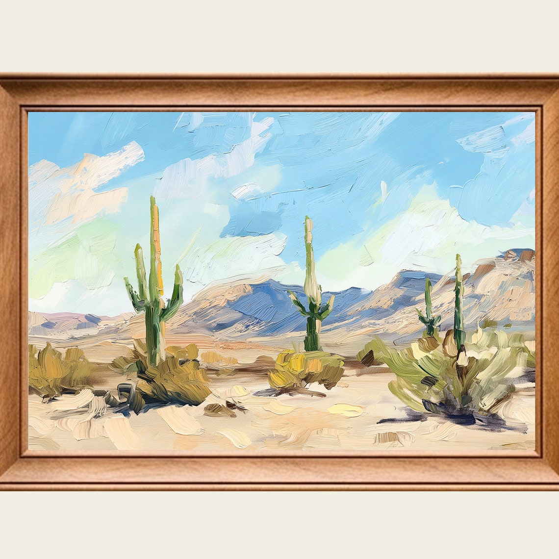 Bright Desert Saguaro Cacti Vivid Blue Sky Mountain Landscape Wall Art
