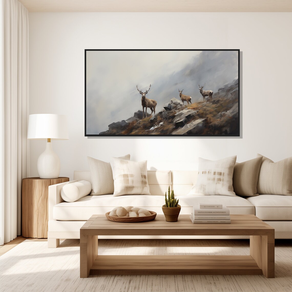Misty Mountain Deer Painting Three Stags Rocky Ridge Wildlife Art Poster - Image 3
