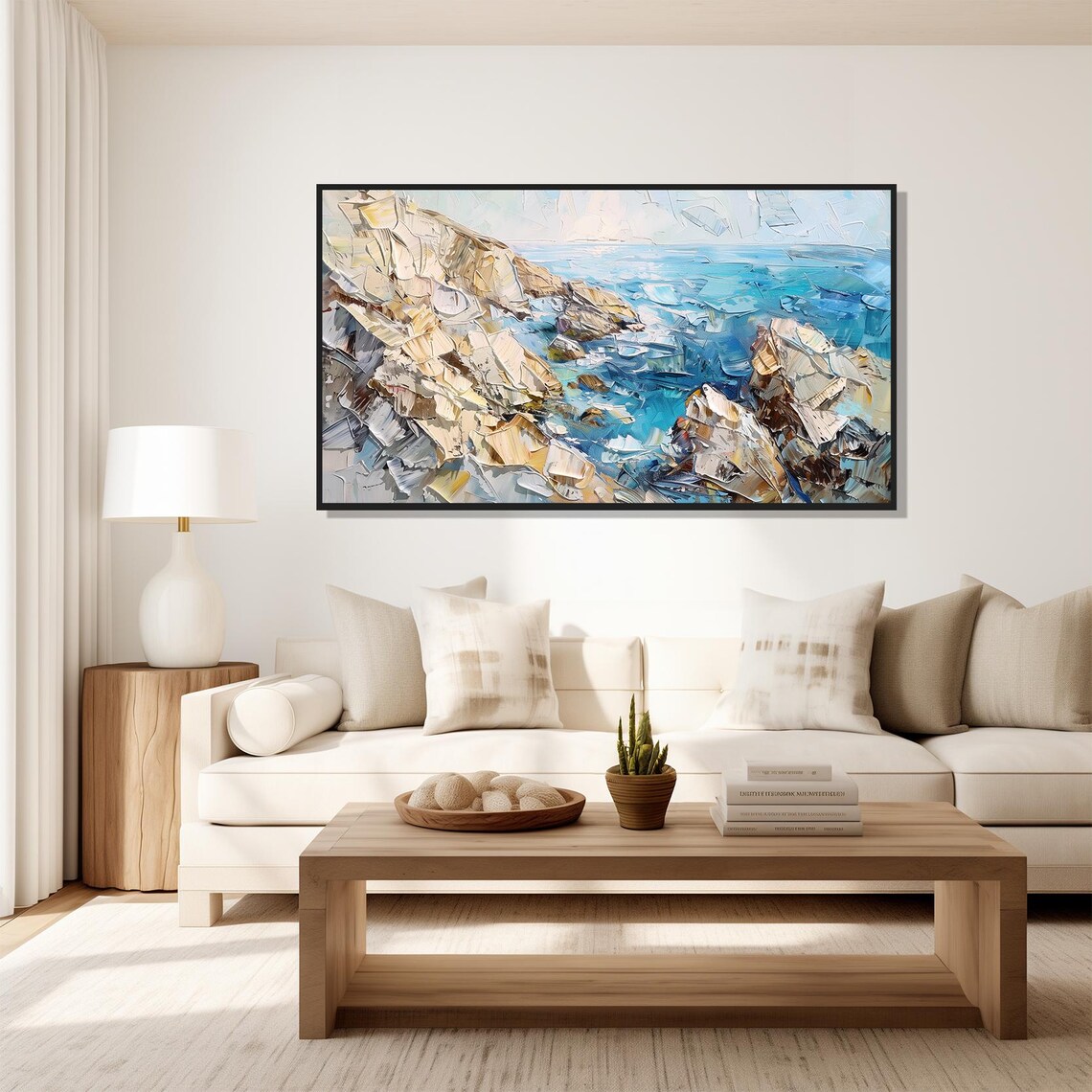 Rocky Ocean Shoreline Turquoise Waves Coastal Cliff Painting Poster - Image 5
