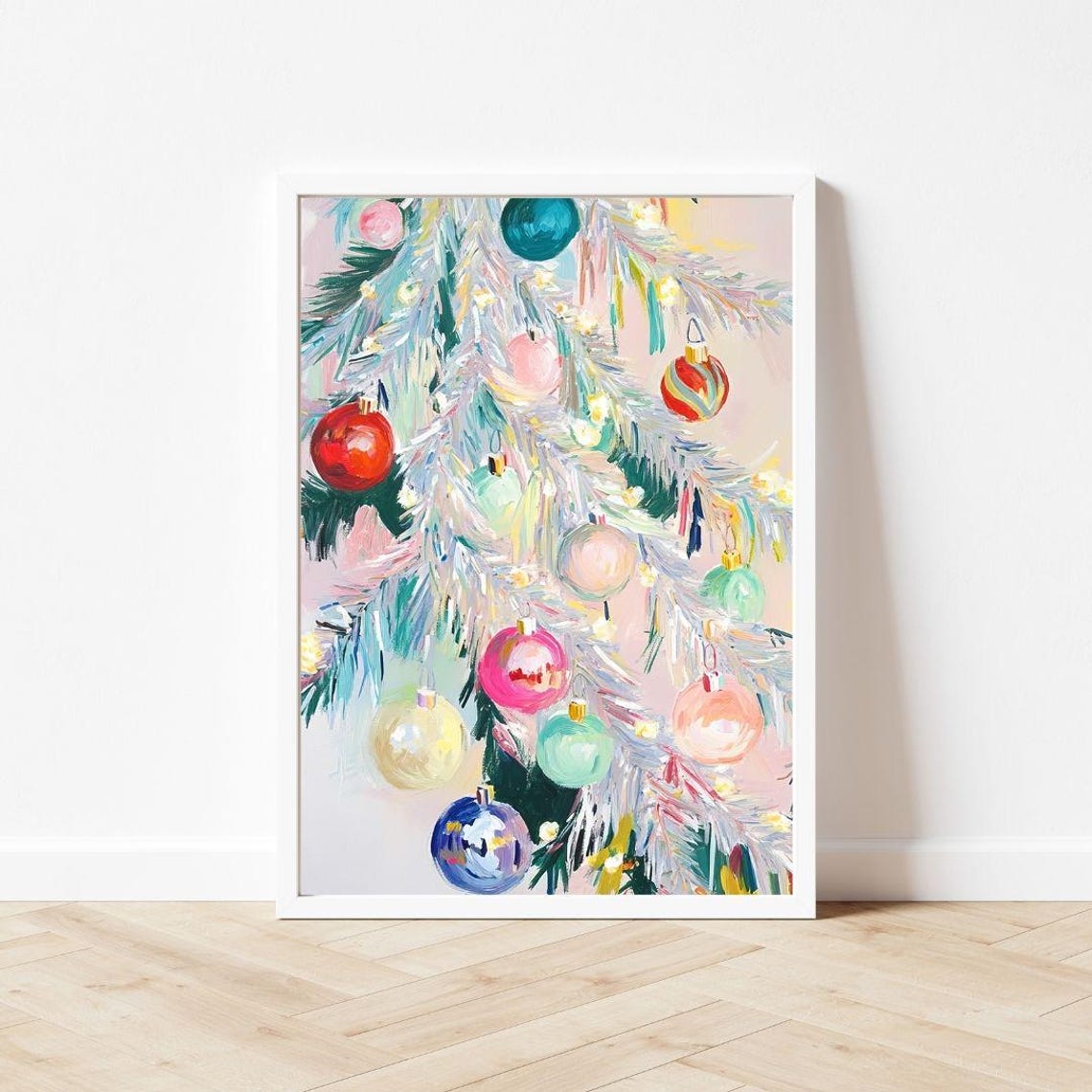 Pastel Christmas Tree Tinsel Colorful Ornaments Holiday Decor Poster - Image 3