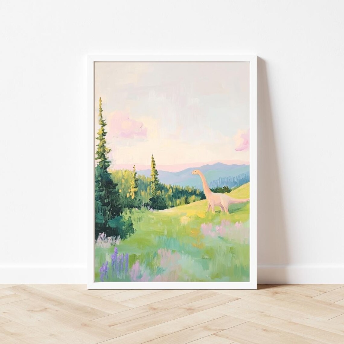 Pink Brontosaurus Pastel Kids Room Wall Art Print - Image 3