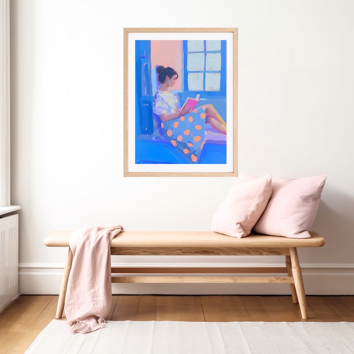 Woman Reading a Book by the Window in Blue Room Painting Poster - Image 2
