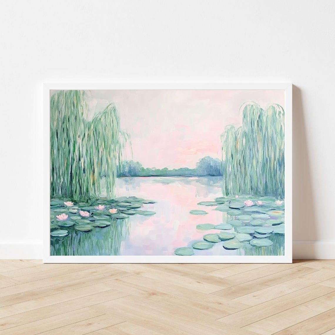 Water Lily Pond with Weeping Willows Pastel Impressionist Poster - Image 3