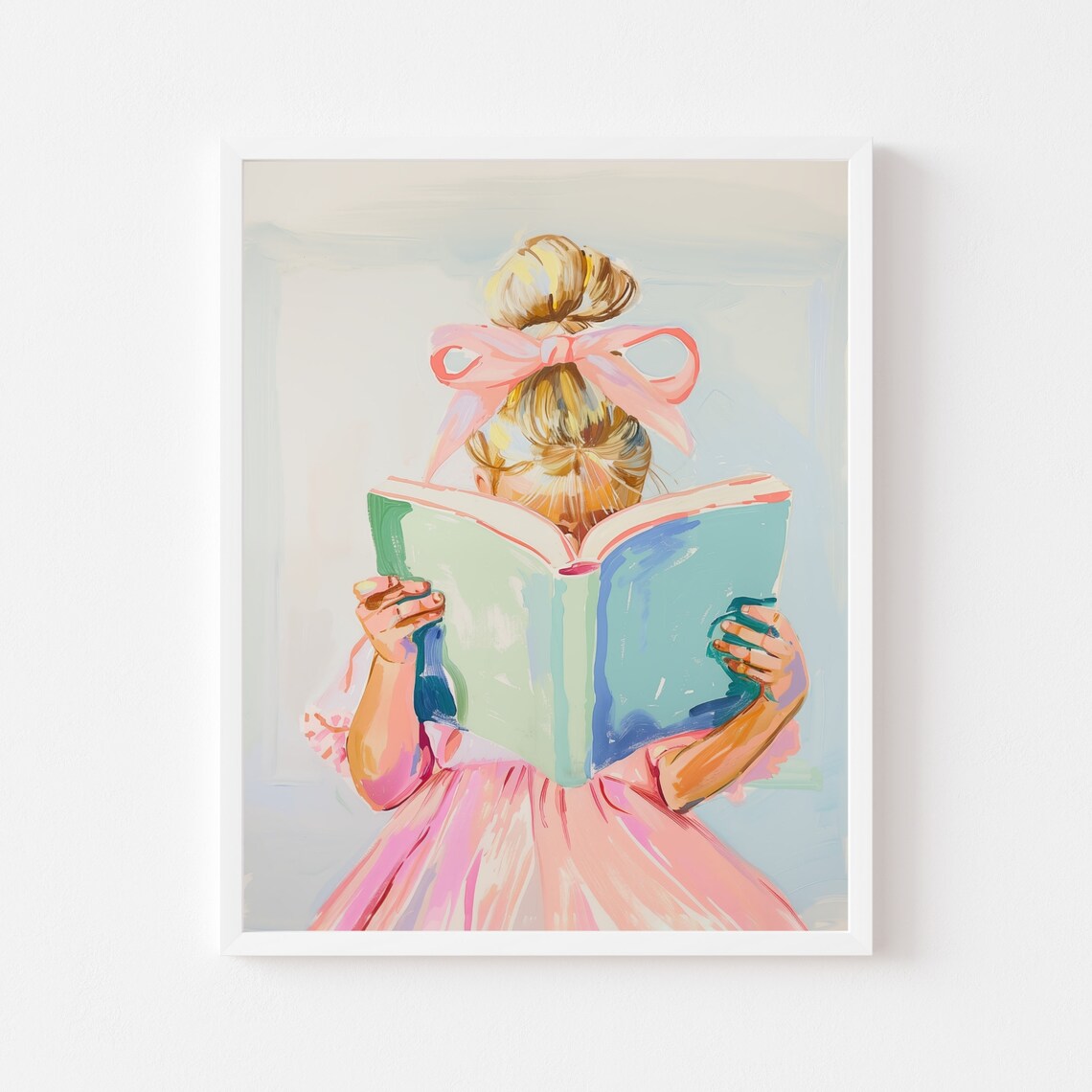 Little Blonde Girl Reading, Pastel Kids Room Art Print