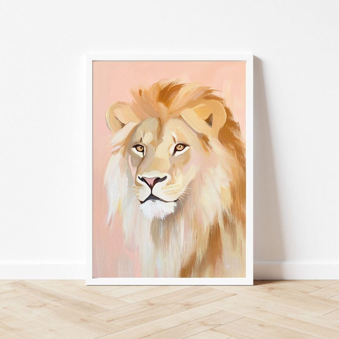 Golden Lion Portrait in Soft Pink Watercolor Wildlife Poster - Image 3