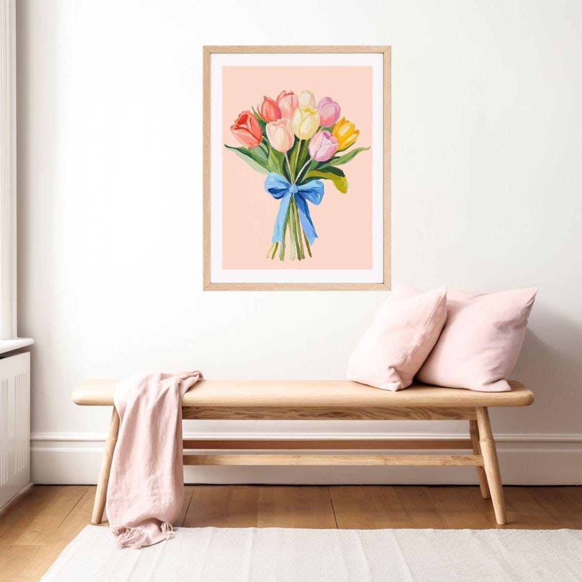 Tulip Bouquet Tied With A Blue Bow Pastel Floral Painting Poster - Image 2