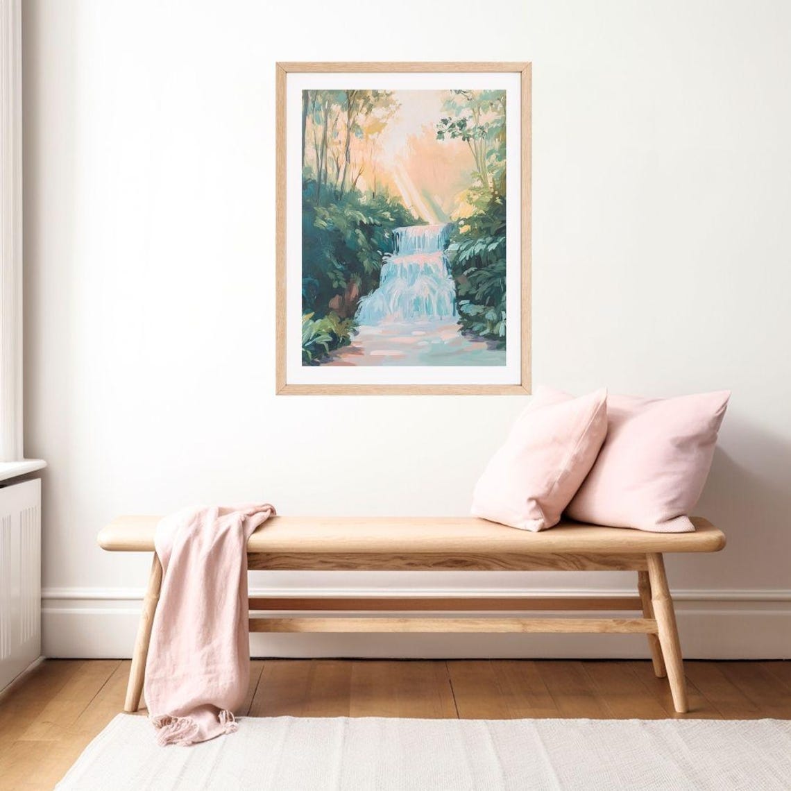 Forest Waterfall Landscape Painting Colorful Pastel Trees Wall Art Print Spring River Nature Summer Scenery - Image 2