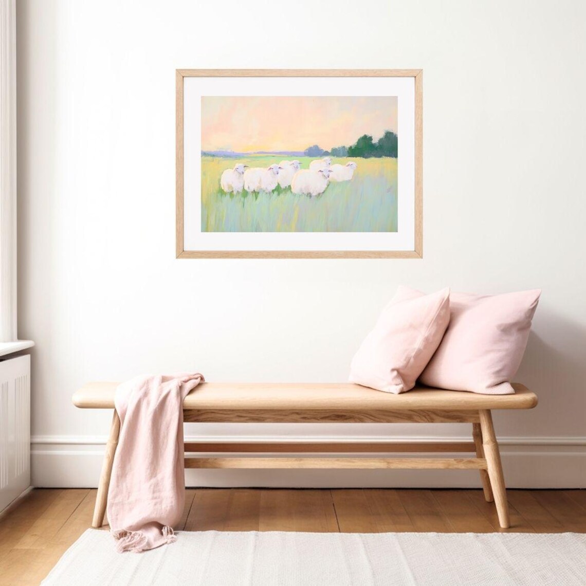 White Sheep Standing in a Green Meadow at Sunset Painting Poster - Image 2