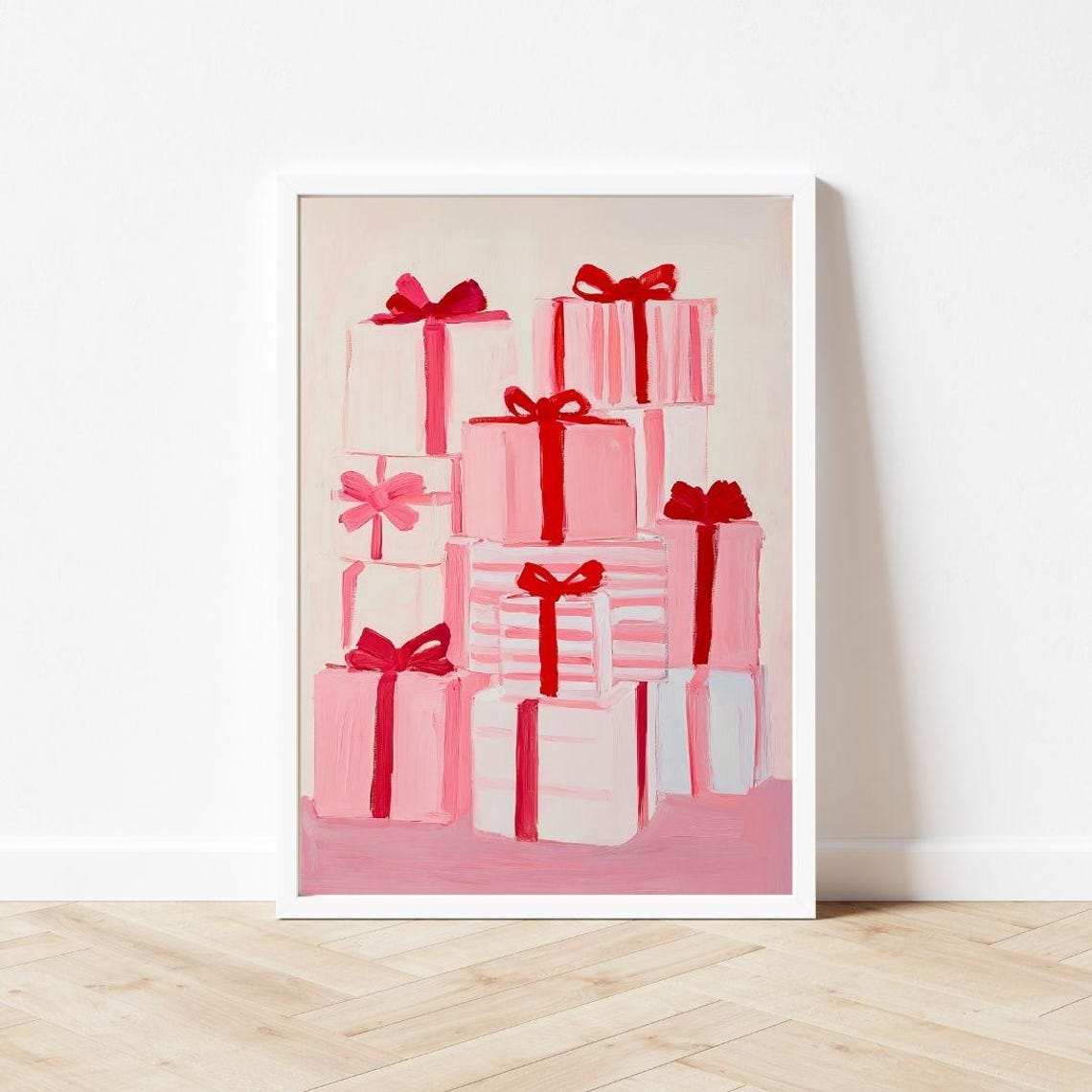 Pink And Red Christmas Gifts With Bows Pastel Holiday Painting Poster - Image 3