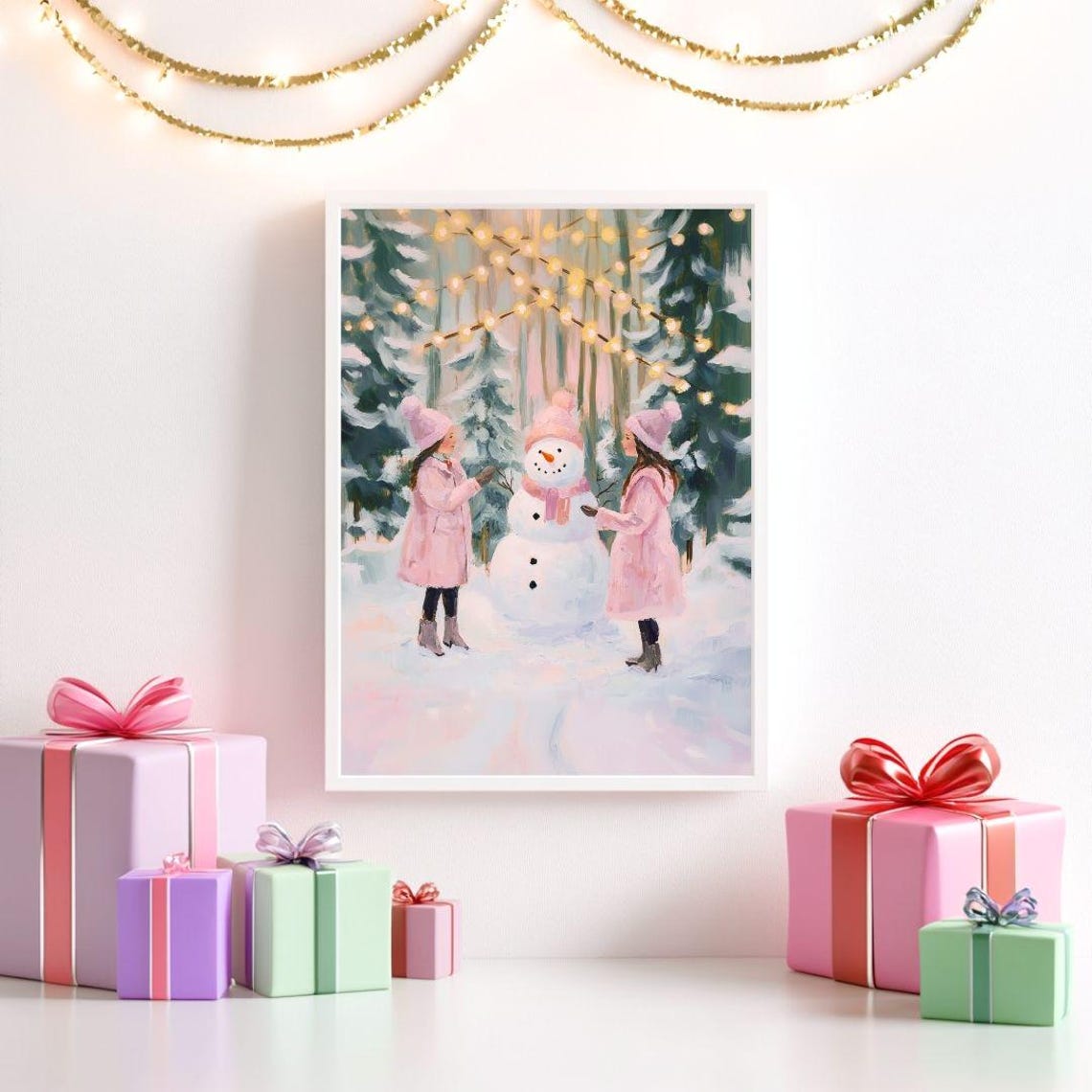 Sisters Building a Snowman Under Twinkling Lights Snowy Poster - Image 2