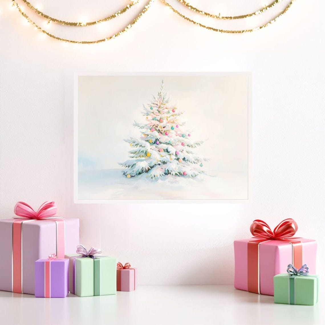 Snowy Christmas Tree With Pastel Ornaments in Winter Season Poster - Image 2