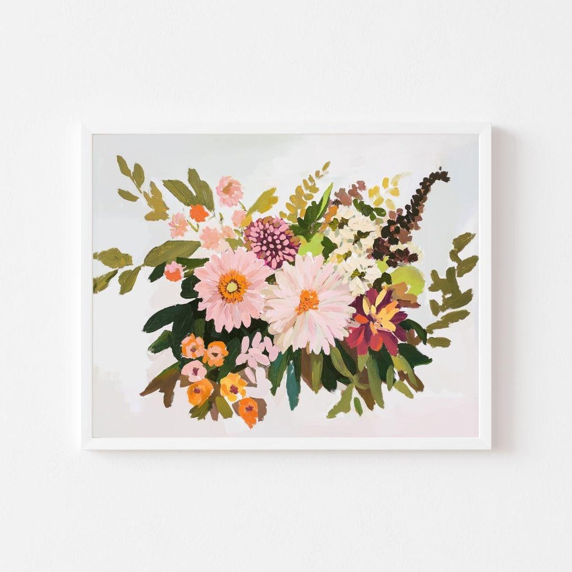 Colorful Autumn Bouquet Painting Fall Flowers Wall Art Print Moody Red Pink Burgundy Floral Dahlia And Mum