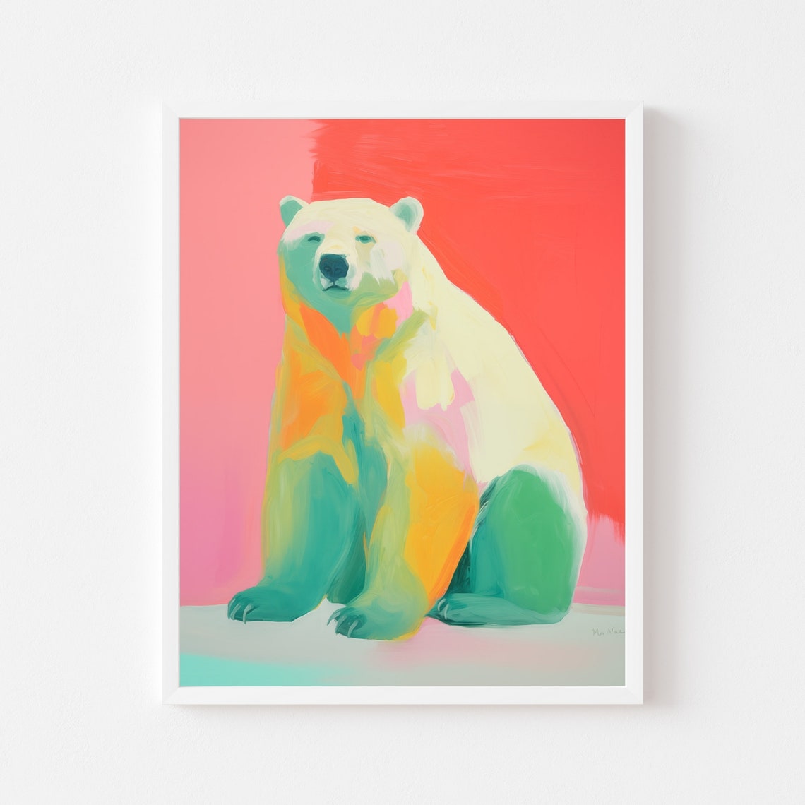 Colorful Polar Bear Portrait On A Bright Coral Red Background Poster