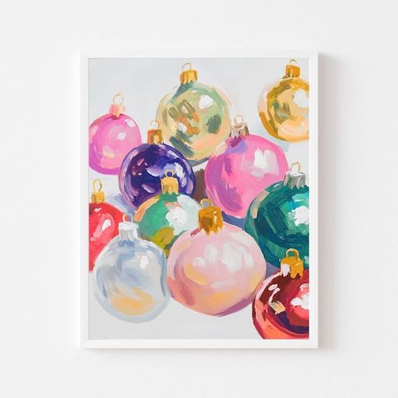 Colorful Vintage Christmas Ornaments, Retro Art Print