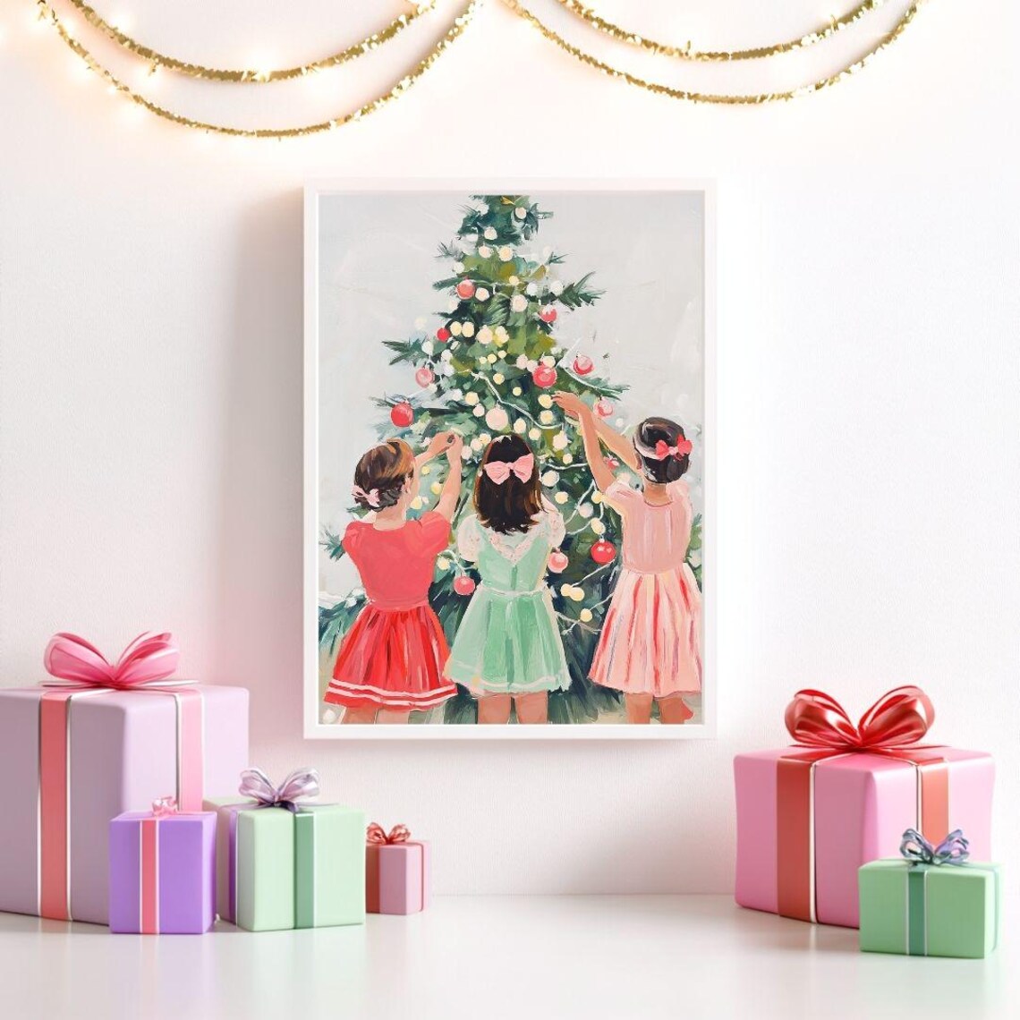 Three Girls Decorating Christmas Tree, Retro Art Print - Image 2