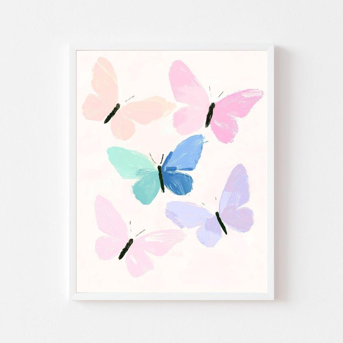 Five Pastel Butterflies Soft Pink Blue Watercolor Insect Poster
