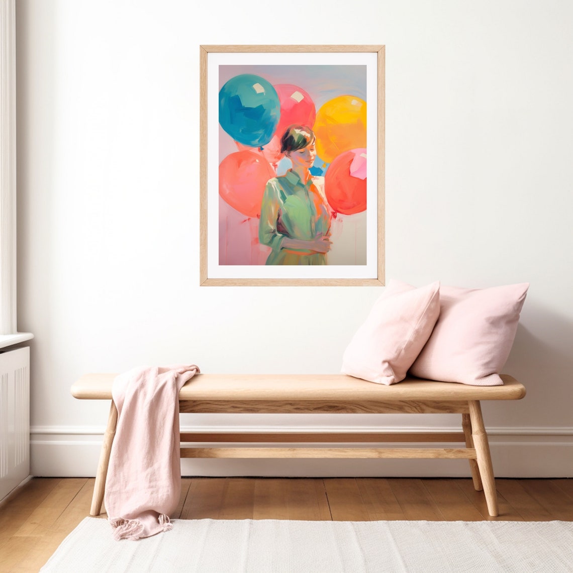 Woman Holding Colorful Balloons Whimsical Celebration Painting Poster - Image 2