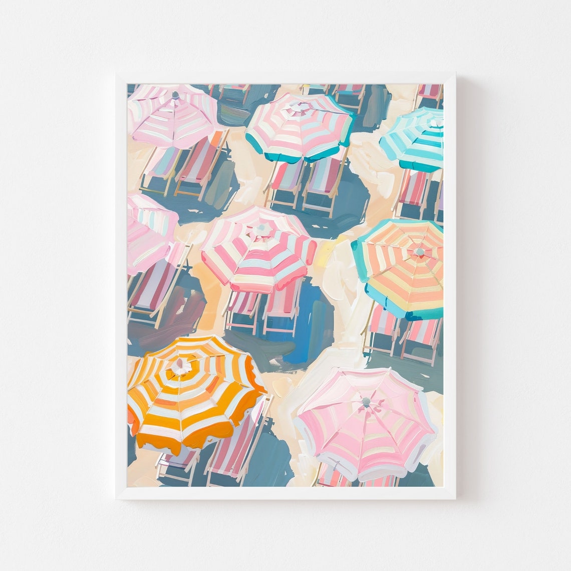 Striped Beach Umbrellas Aerial Pastel Coastal Summer Art Poster