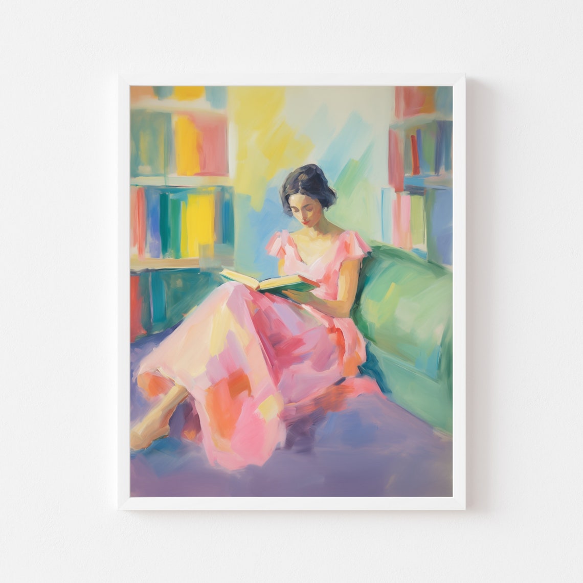 Woman In Pink Dress Reading In A Colorful Library Nook Poster