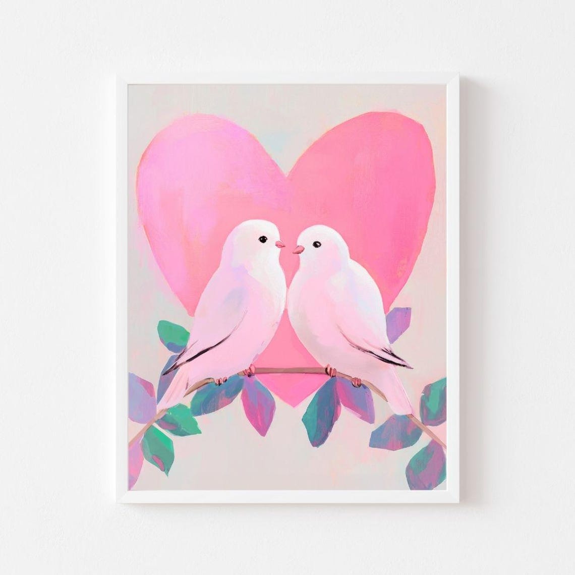 Two White Lovebirds Perched Before A Big Pink Heart Painting Poster