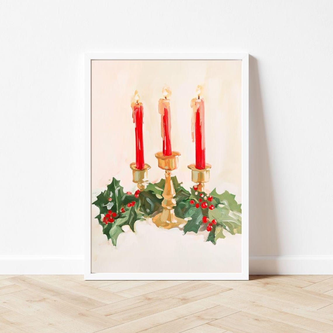 Red Advent Candles In Brass Holders With Green Holly Berries Poster - Image 3