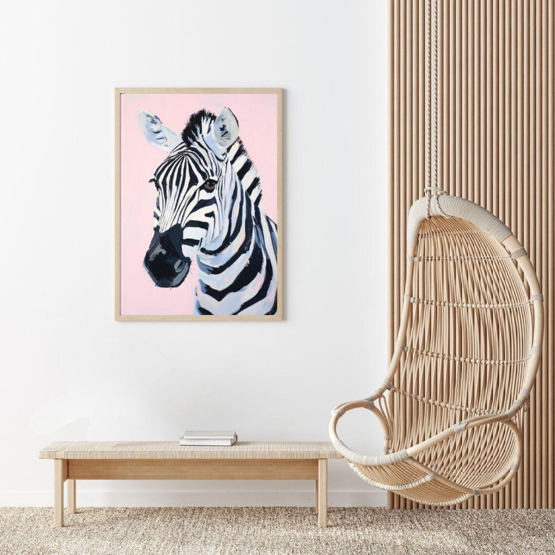 Zebra Portrait Pink Background Painting Black White Animal Art Poster - Image 2