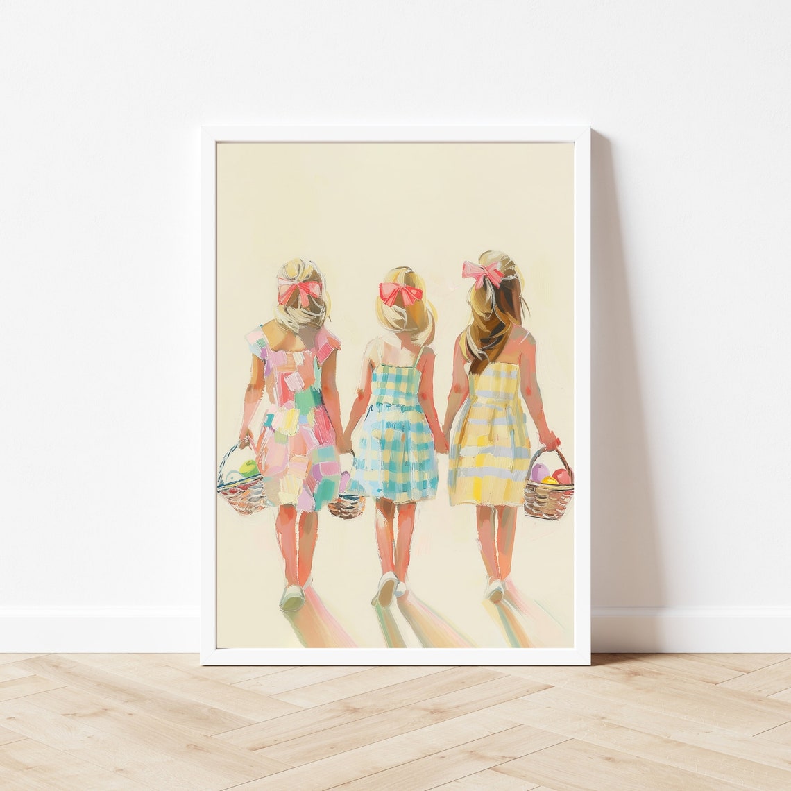 Three Girls Holding Easter Baskets Walking Spring Painting Poster - Image 3