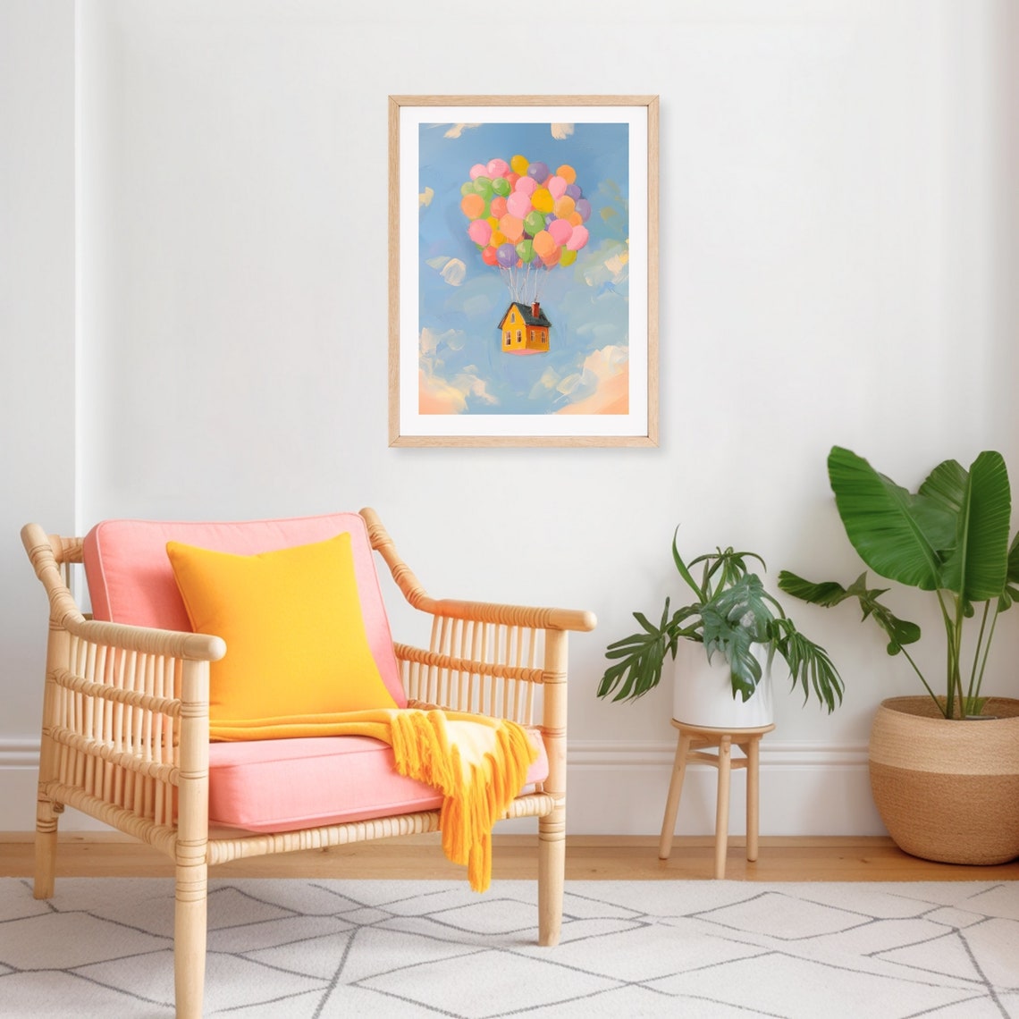Yellow House Floating on Colorful Balloons Whimsical Sky Poster - Image 3