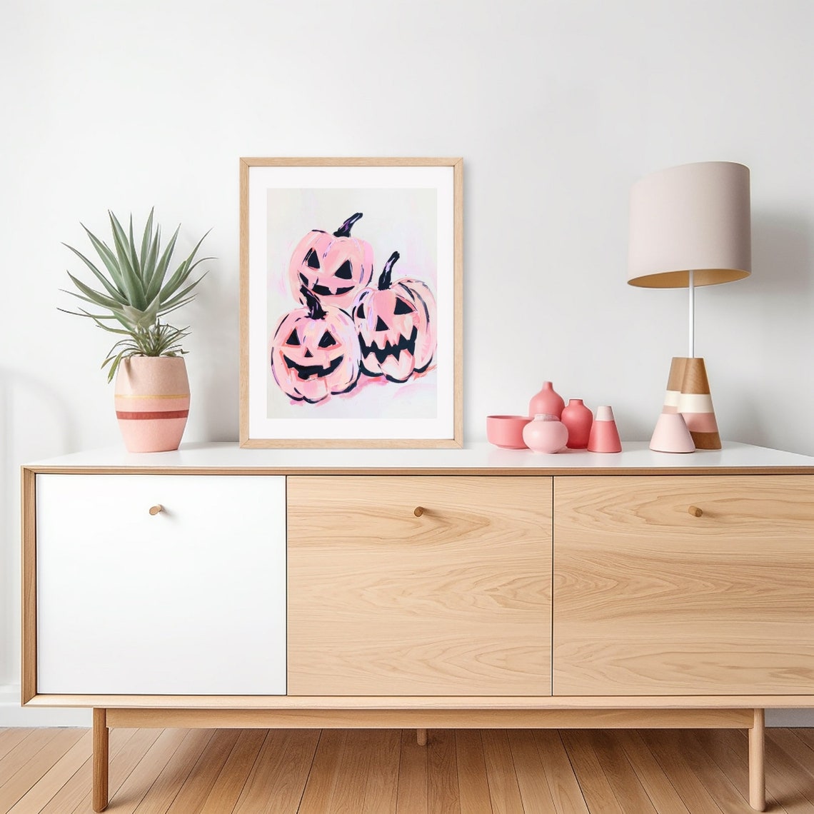 Three Pink Jack-O-Lantern Pumpkins Cute Halloween Decor Poster - Image 2
