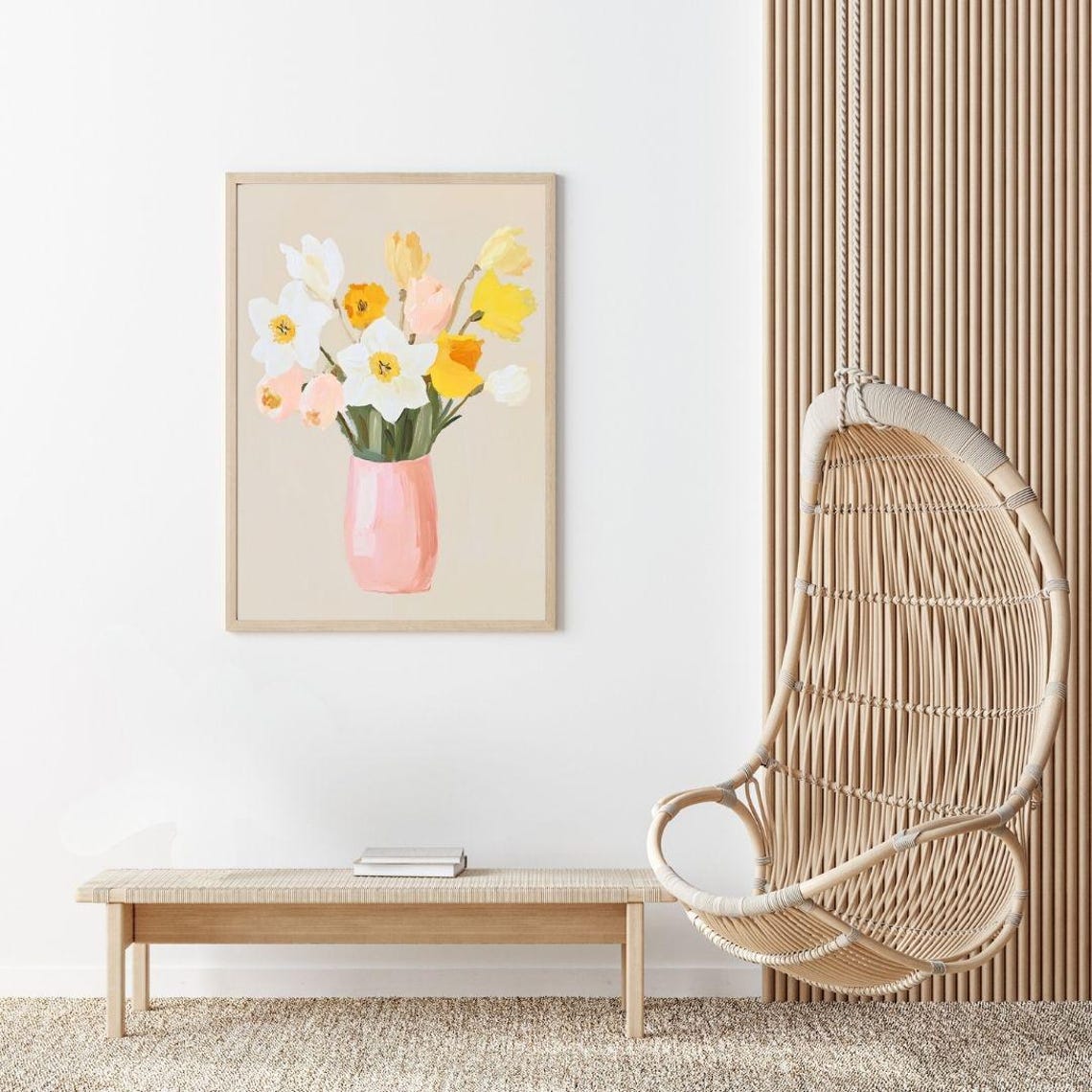Cheerful Daffodils and Tulips in Pink Vase Spring Floral Poster - Image 2