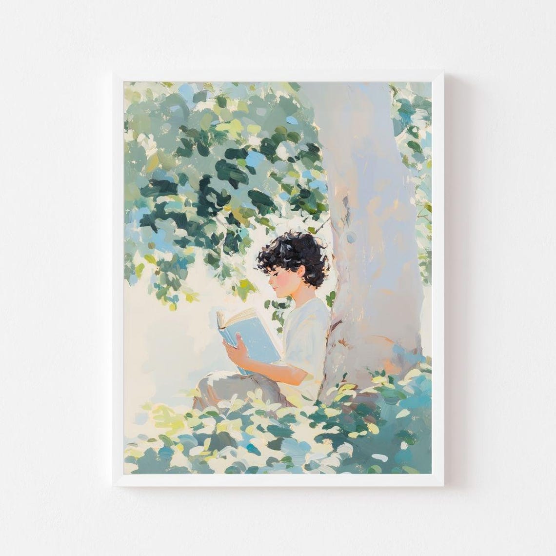 Young Boy Reading A Book Under A Shady Tree In A Sunny Garden Poster