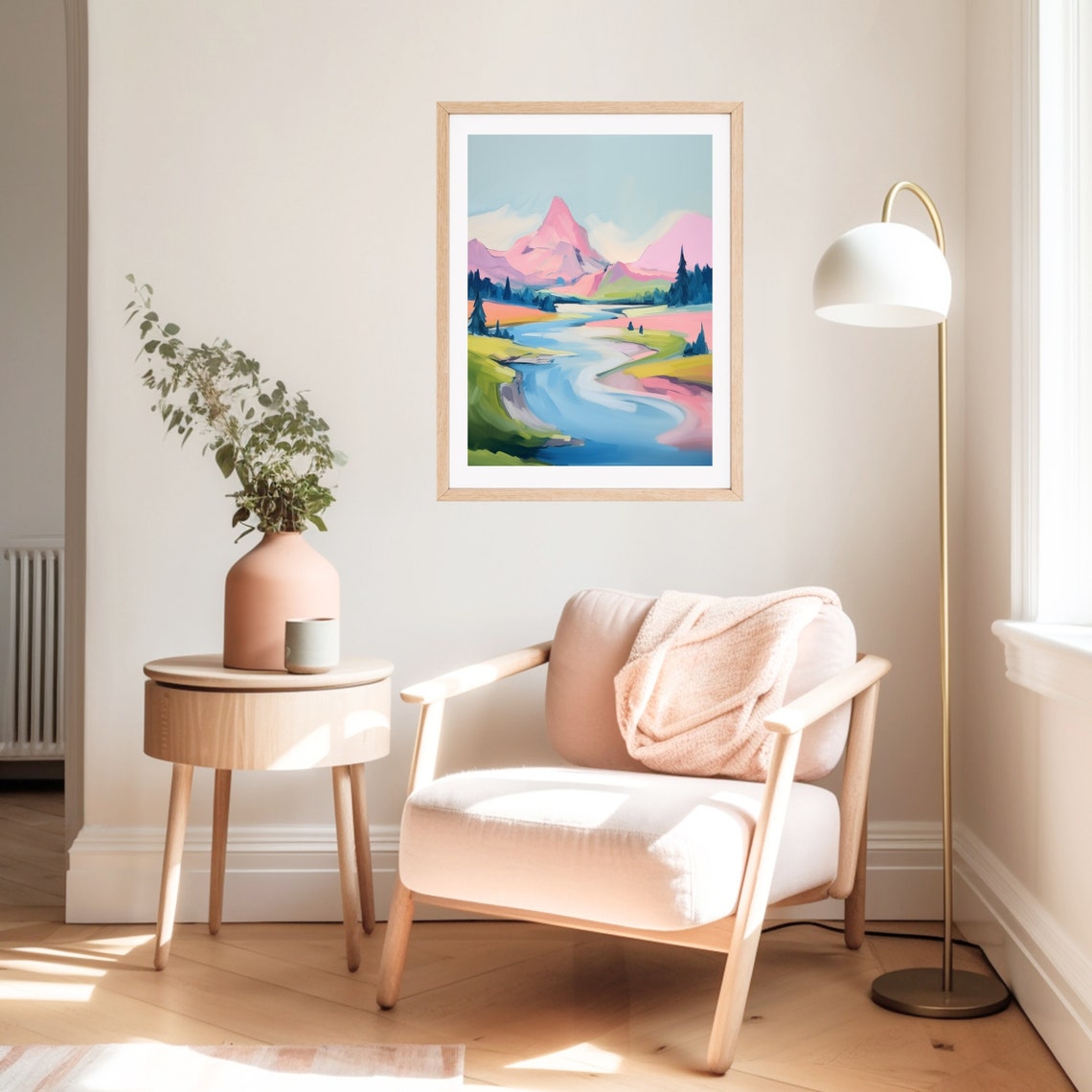 Colorful Abstract Mountain Painting Pink Landscape Watercolor Art Print Spring Impressionist Vibrant River - Image 2