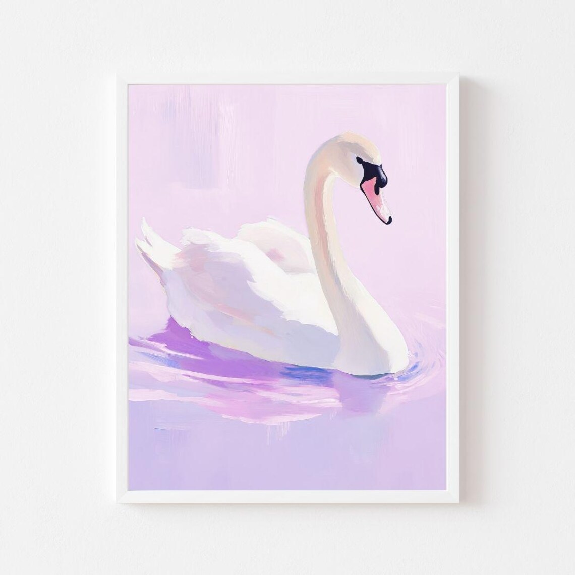 White Swan Pastel Lavender Painting Elegant Swimming Bird Art Poster