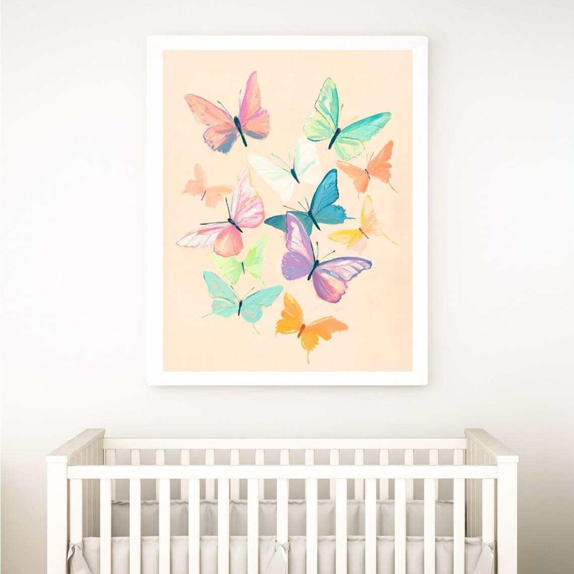 Pastel Watercolor Butterflies Scattered On Peach Painting Poster - Image 2