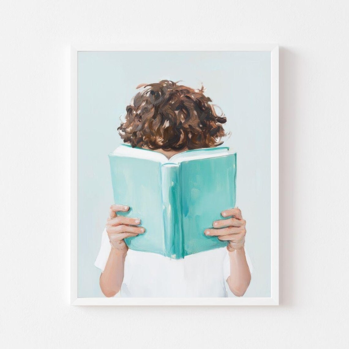 Curly Haired Boy Reading, Pastel Book Nook Wall Art Print