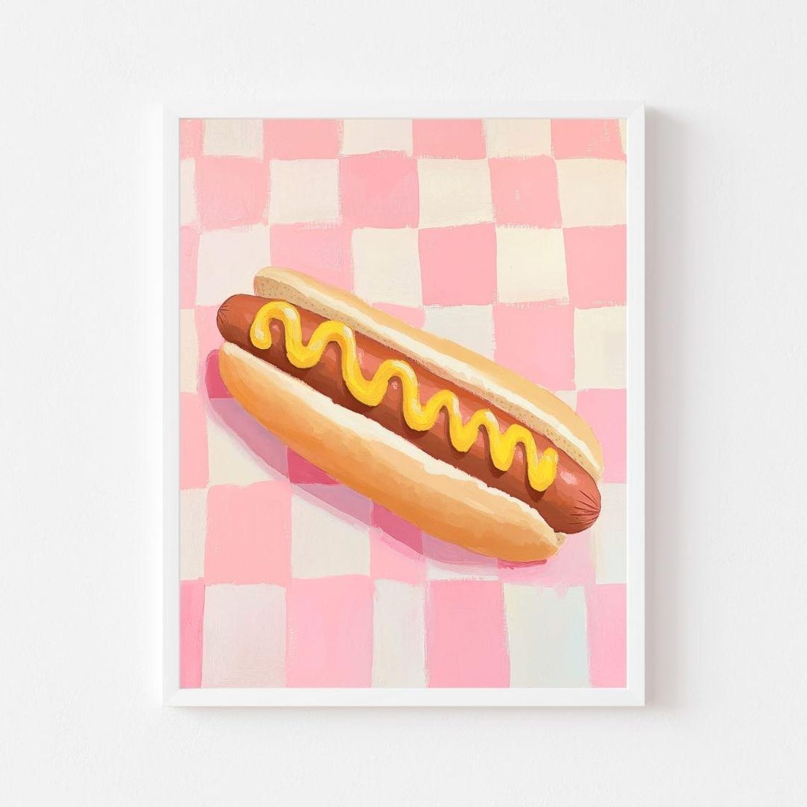 Hot Dog with Mustard Swirl Pink Gingham Retro Kitchen Poster