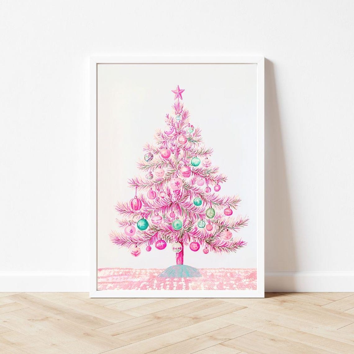 Pink Christmas Tree Pastel Ornaments Star Retro Holiday Poster - Image 3