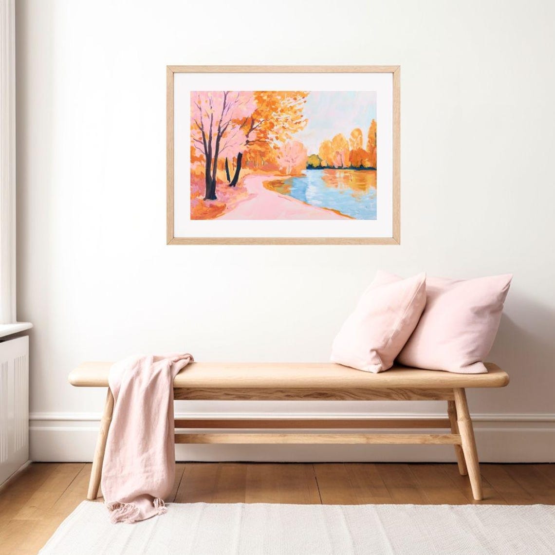 Autumn Trees By A Peaceful Pond Soft Pink Fall Landscape Poster - Image 2