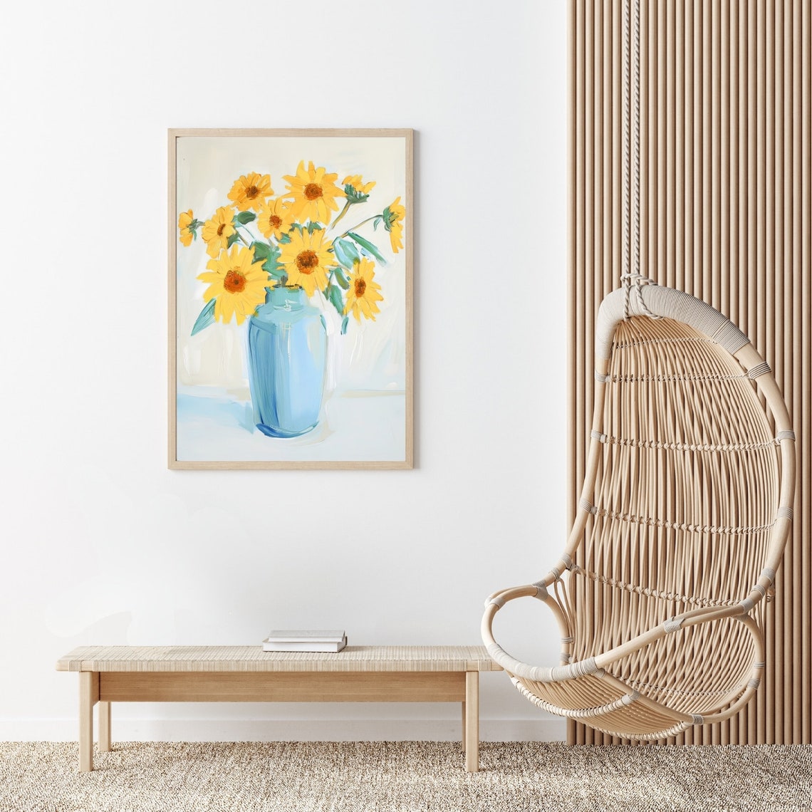 Yellow Sunflowers in a Blue Ceramic Vase Sunny Floral Poster - Image 2