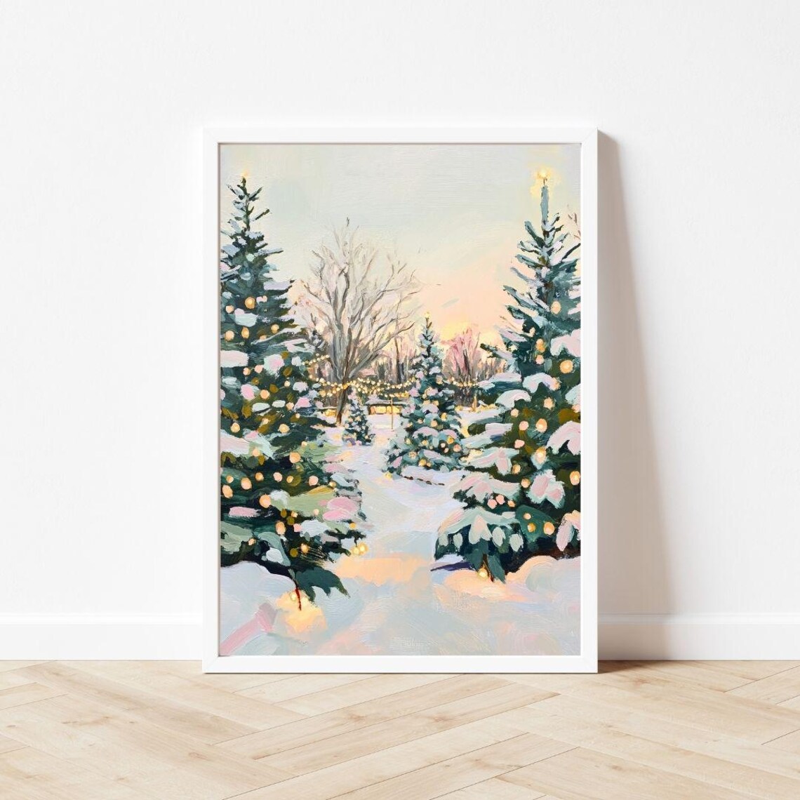 Pastel Christmas Tree Farm Winter Landscape Art Print - Image 3
