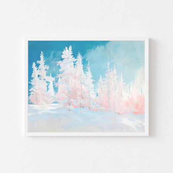 Pink Blue Winter Forest Painting Pastel Snowy Trees Wall Art Print Colorful Finland Cold Weather Landscape