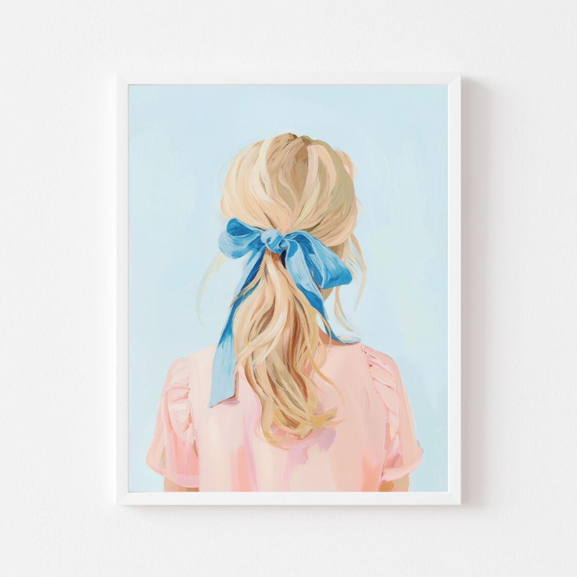 Blonde Girl With Blue Ribbon Bow in Hair Pastel Portrait Poster