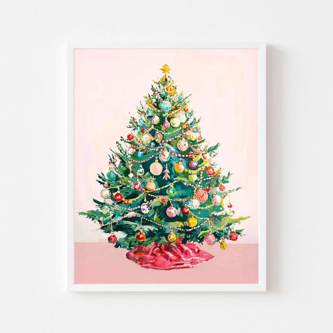 Colorful Decorated Christmas Tree Star Topper Pink Tree Skirt Poster