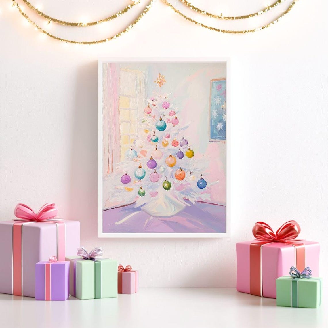 White Christmas Tree by Window Pastel Ornaments Holiday Poster - Image 2