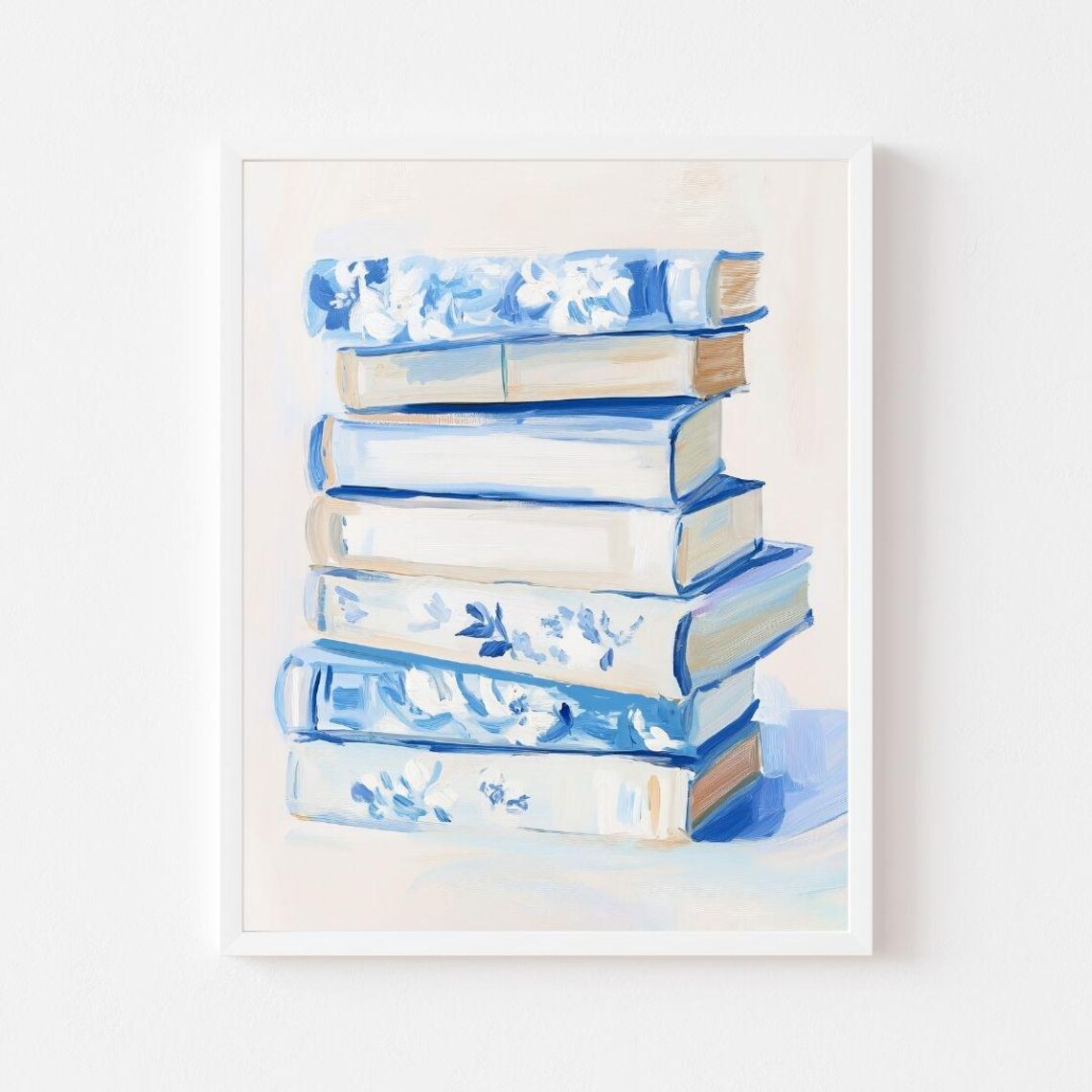 Blue Floral Book Stack, Grandmillennial Art Print