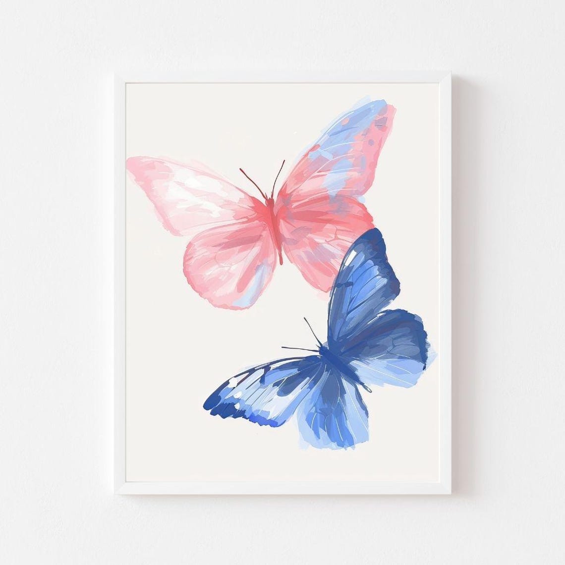 Pink And Blue Butterflies Painting Two Colorful Insects Wall Art Print Pastel Animal Watercolor Girls Room