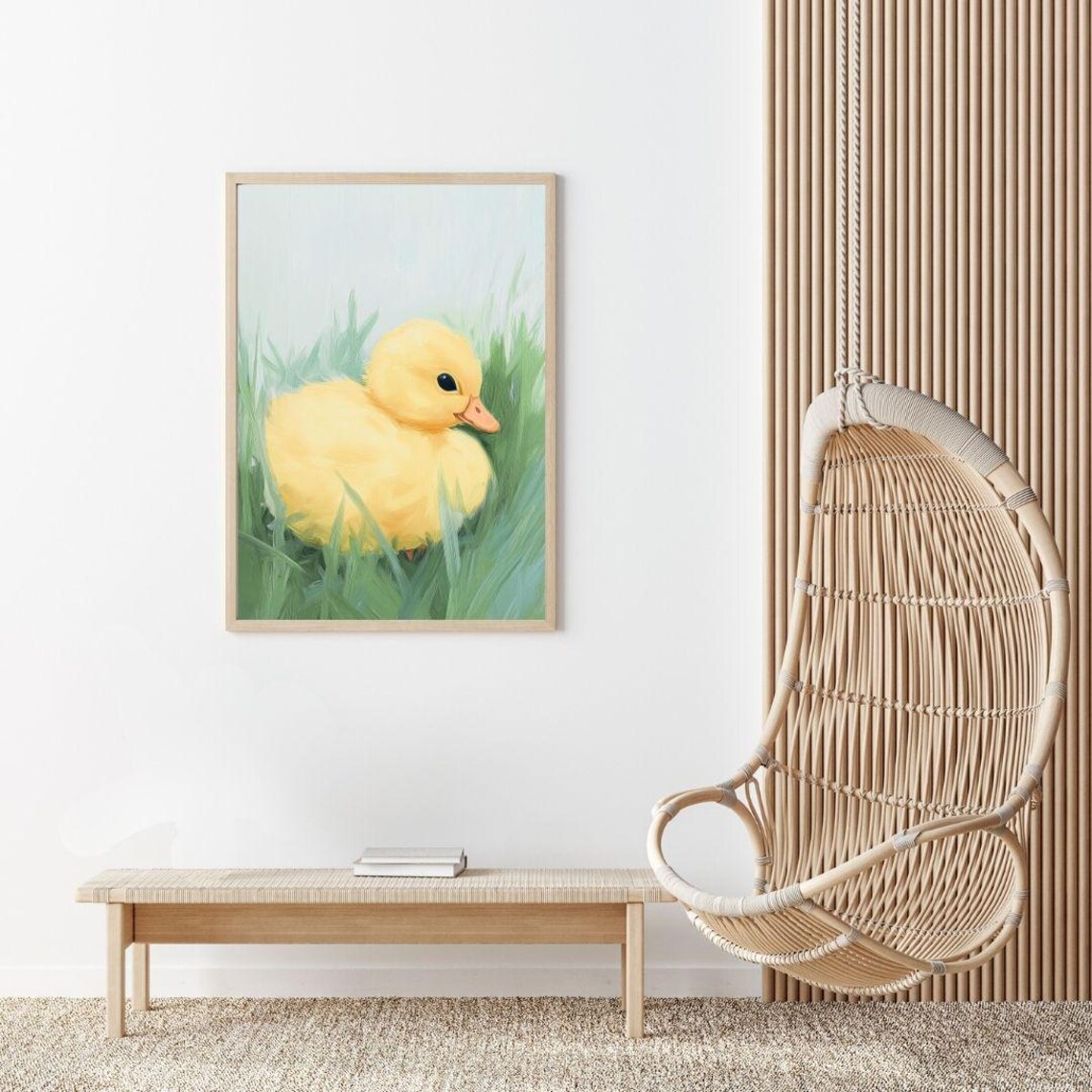 Yellow Duckling Resting in Green Grass Nursery Painting Poster - Image 2